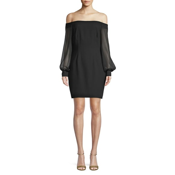 AIDAN AIDAN MATTOX Womens Black Sheer Long Sleeve Off Shoulder Short Evening Fit + Flare Dress 10