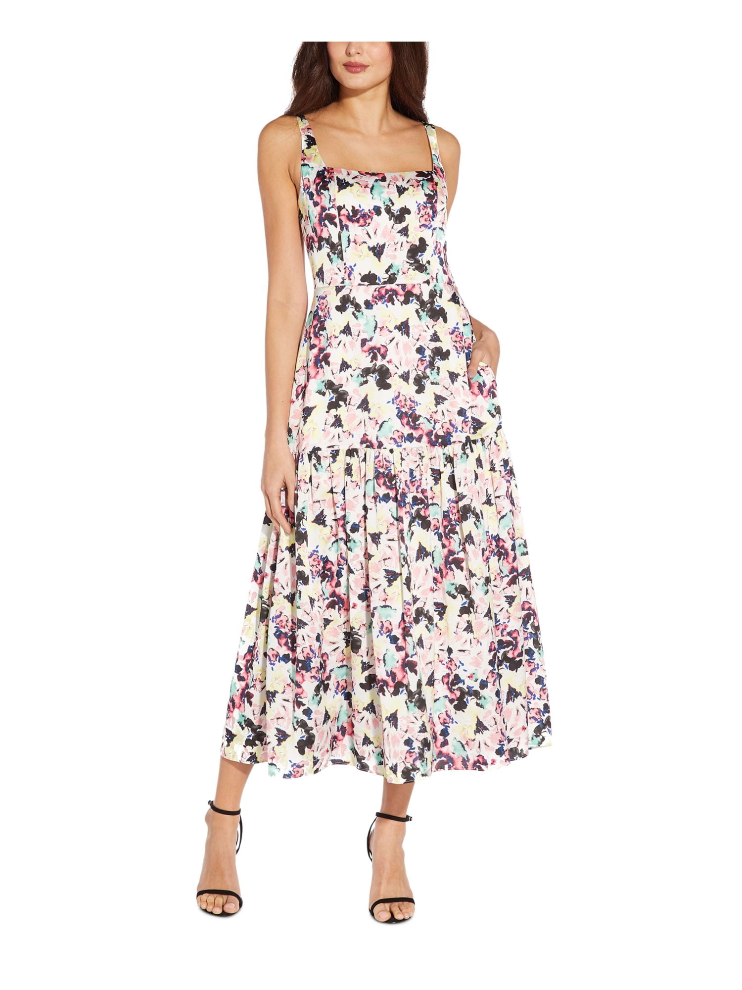 AIDAN AIDAN MATTOX Womens White Zippered Pocketed Lined Floral Sleeveless  Square Neck Midi Party Fit + Flare Dress 8 - Walmart.com