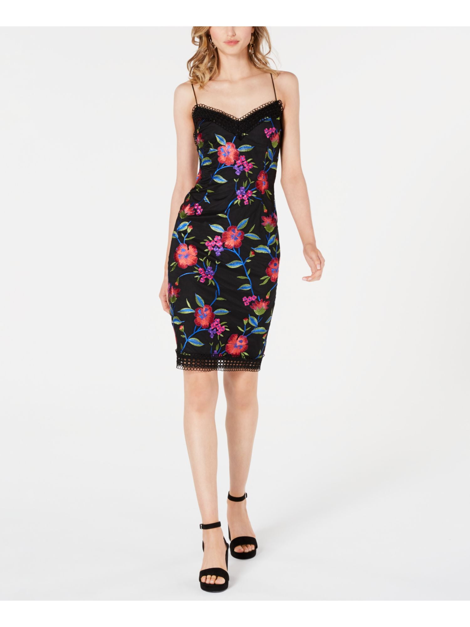 AIDAN MATTOX Womens Black Floral Spaghetti Strap V Neck Above The Knee Cocktail Body Con Dress 2