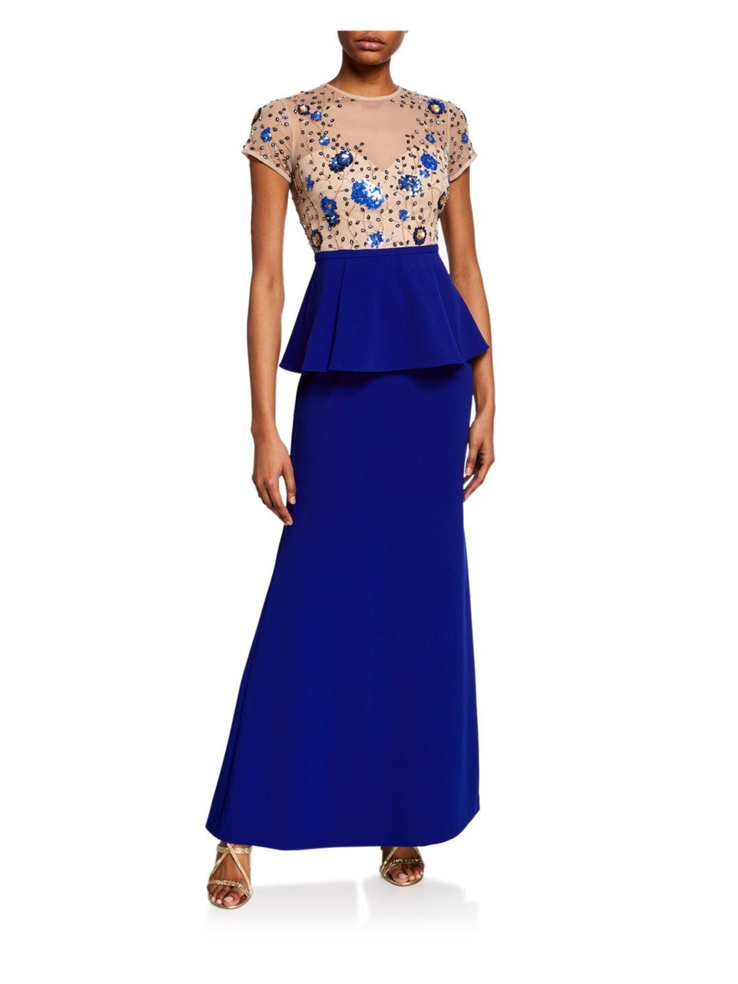 AIDAN MATTOX Womens Blue Sequined Beaded Floral Short Sleeve Illusion Neckline Maxi Formal Sheath Dress 10