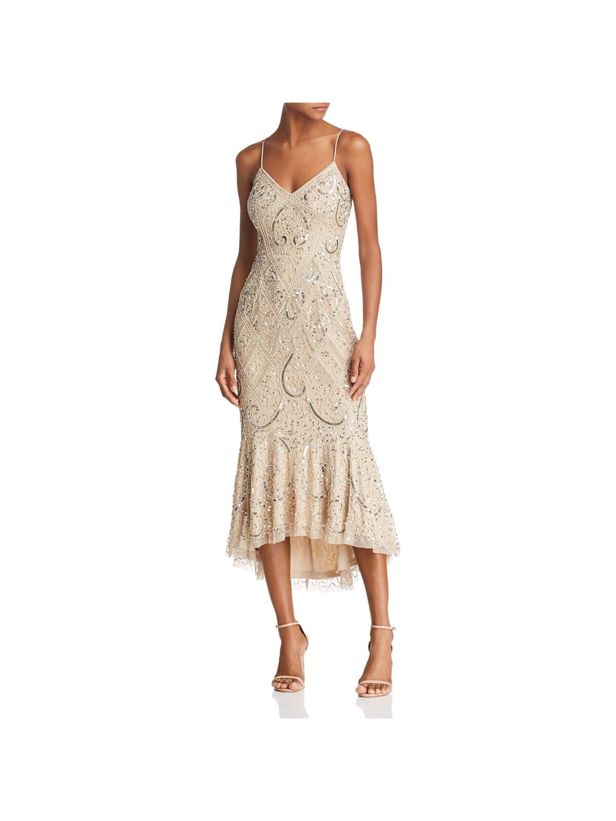 AIDAN MATTOX Womens Gold Sequined Zippered Hi-lo Ruffle Hem Spaghetti Strap  Sweetheart Neckline Midi Cocktail Sheath Dress 2 - Walmart.com