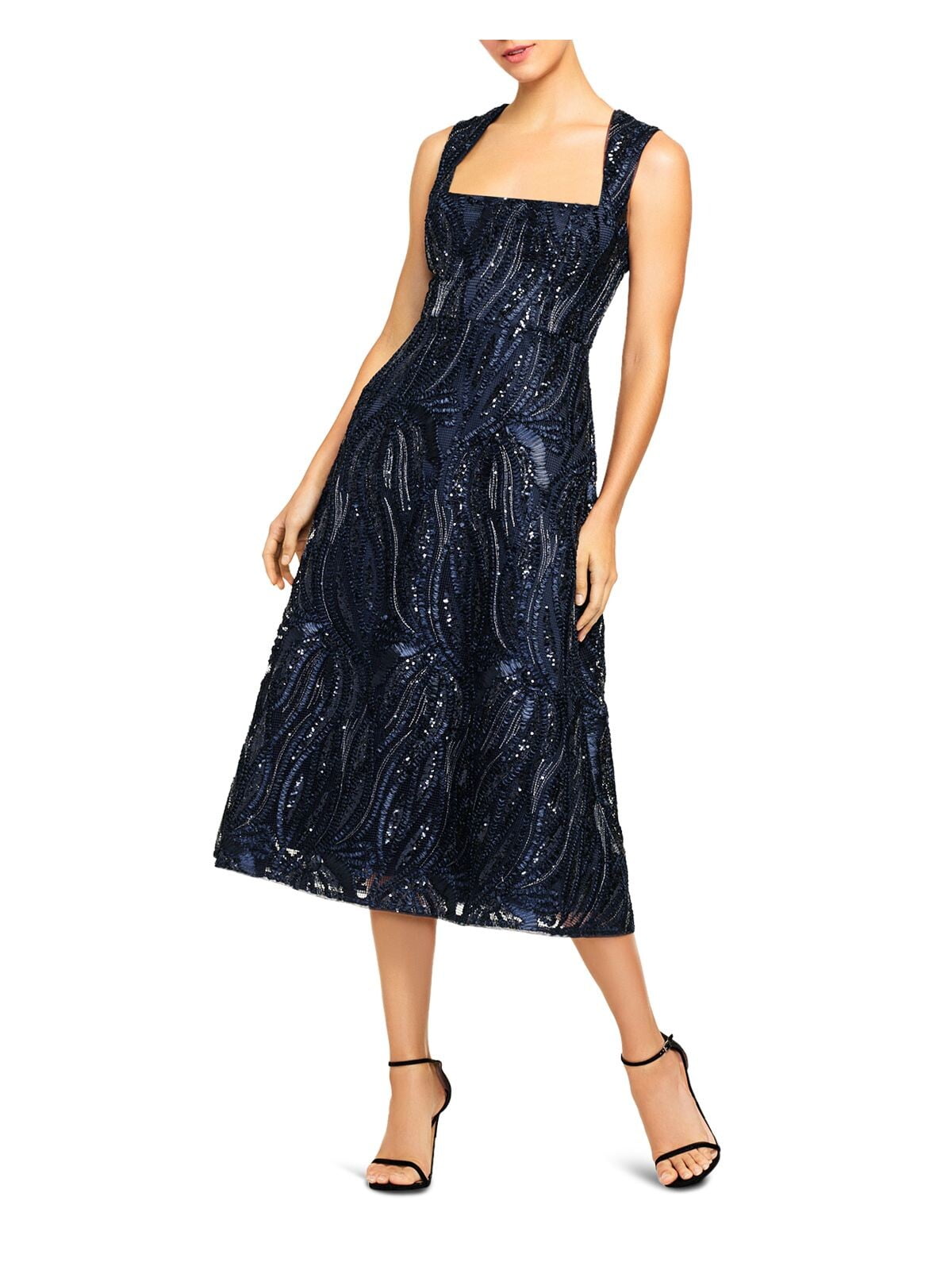 AIDAN MATTOX Womens Navy Stretch Embellished Embroidered Zippered Sleeveless Queen Anne Neckline Midi Evening Fit Flare Dress 4