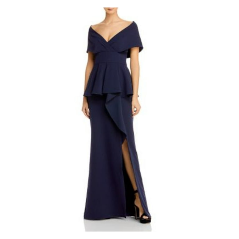 AIDAN MATTOX Womens Navy Stretch Zippered Ruffled Shawl Neckline Peplum Waist Slit Flutter Sleeve V Neck Full Length Formal Sheath Dress 2