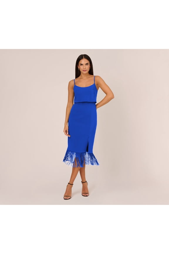AIDAN Womens Blue Zippered Slitted Fold-over Fringed-hem Lined Spaghetti Strap Scoop Neck Midi Party Sheath Dress 10
