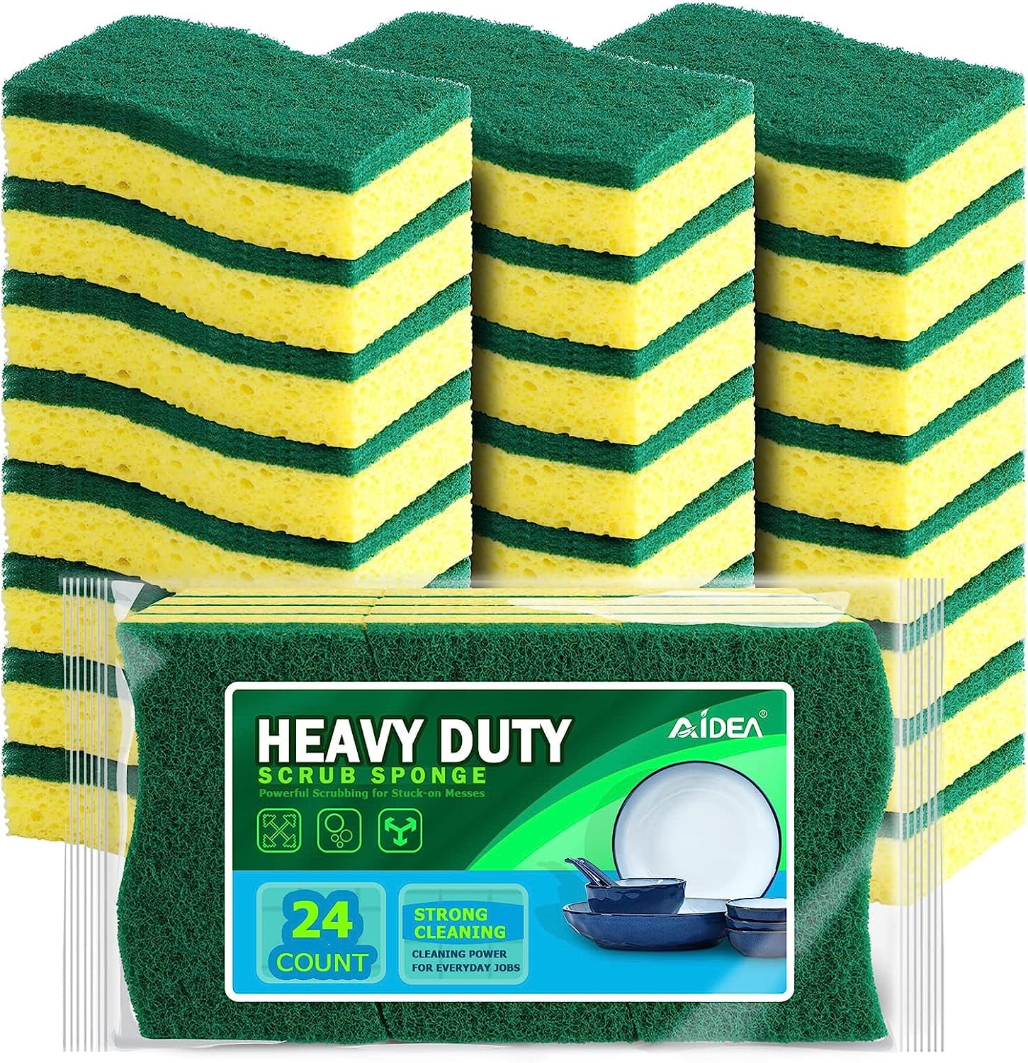 AIDEA Heavy Duty Scrub Sponge24Count, Sponges for Dishes, Cellulose Sponge, Cleans Fast Without