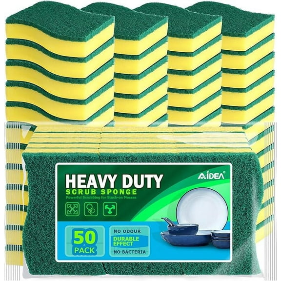 AIDEA Heavy Duty Scrub Sponge-50 Count, Cleaning Sponge, Kitchen Dish Sponge, Effortless Cleaning Eco Scrub Pads for Dishes,Pots,Pans All at Once