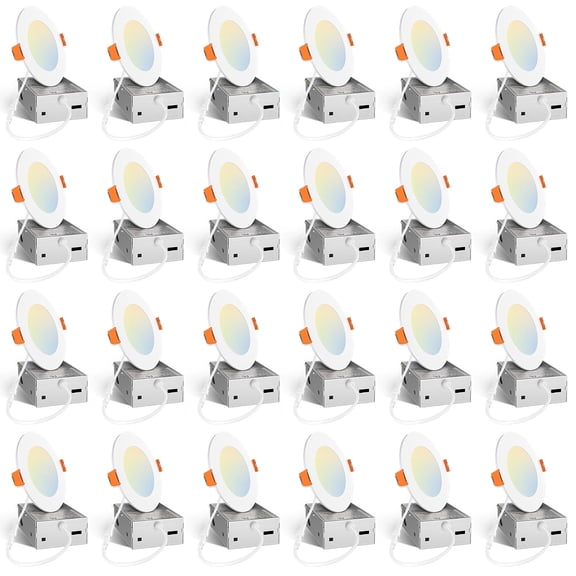 AIDEL 24 Pack 4 Inch Canless LED Recessed Light, 5CCT Selectable 2700K-5000K, 11W 800LM Dimmable Ultra Slim Wafer Downlight with Junction Box