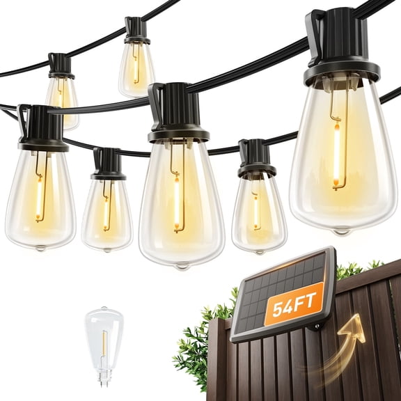 AIDEL 48FT Solar Patio String Lights, ST38 Waterproof Outdoor Hanging Lights with Adjustable Brightness for Pergola and Garden