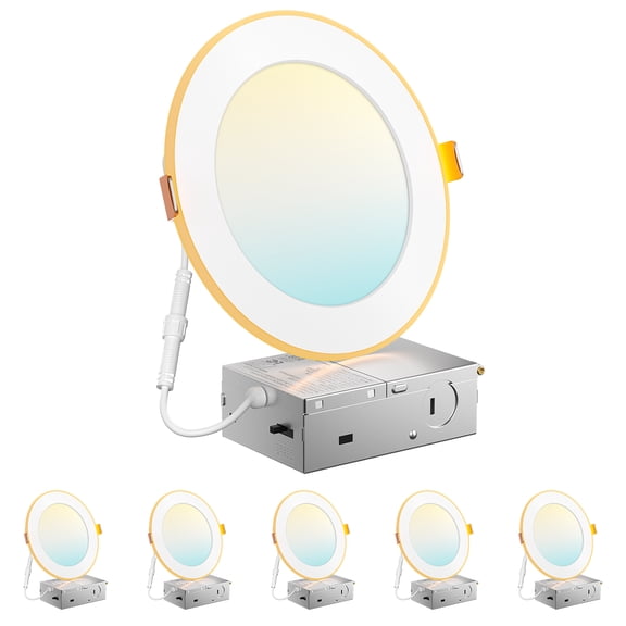 AIDEL 6 Pack 6 Inch LED Recessed Light with Night Light, 5CCT Selectable Canless Wafer Downlight, 12W 1100LM Dimmable Ultra Thin Ceiling Light with Junction Box, 2000K Amber Mode
