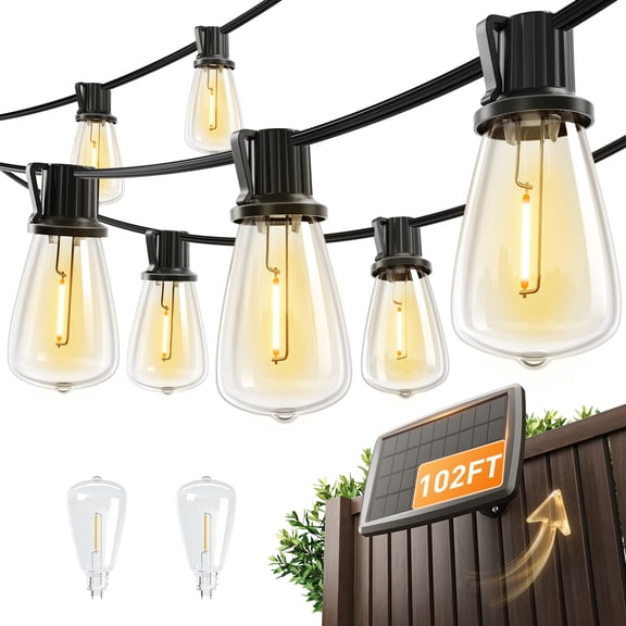 AIDEL 96FT Solar Outdoor String Lights, ST38 Dimmable Waterproof Edison Patio Lights for Backyard and Fence Decor