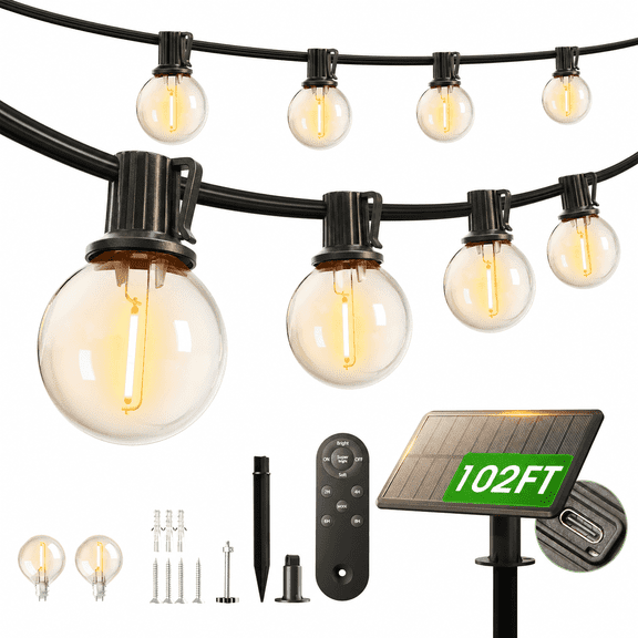AIDEL G40 Solar Powered Hanging Lights with Remote, 96FT Weatherproof Outdoor String Lights & Timer for Patio