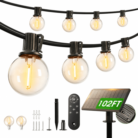 AIDEL G40 Solar Powered Hanging Lights with Remote, 102FT Weatherproof Outdoor String Lights & Timer for Patio