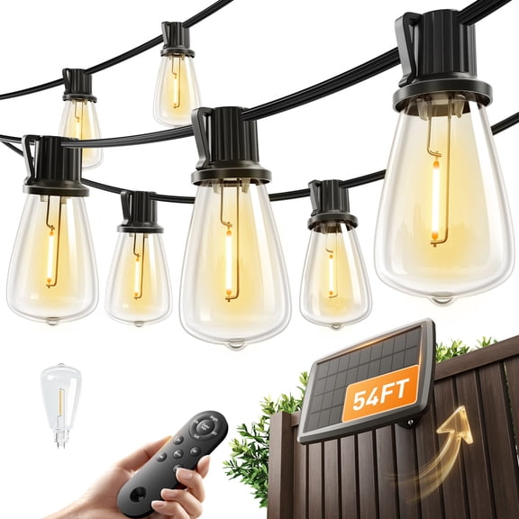 AIDEL ST38 Solar Patio Lights with Remote, 48FT Shatterproof Outdoor Hanging String Lights for Pergola