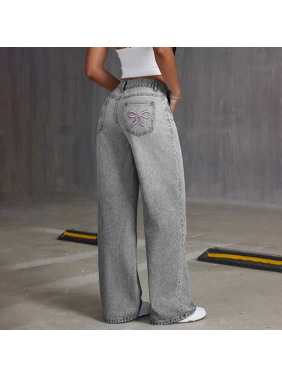 Girls Fashion Bow Jeans for Girls Wide Leg Baggy Denim Pants Cute High Waisted Trousers Kids Casual Y2k Streetwear with Pockets