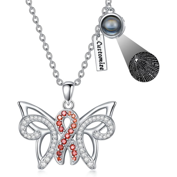AIDS HIV Awareness Jewelry Red Awareness Ribbon Butterfly 100 Languages Projection Pendant Necklace HIV Heart Disease Survivor Gift Inspirational Gifts for Fighter Survivor