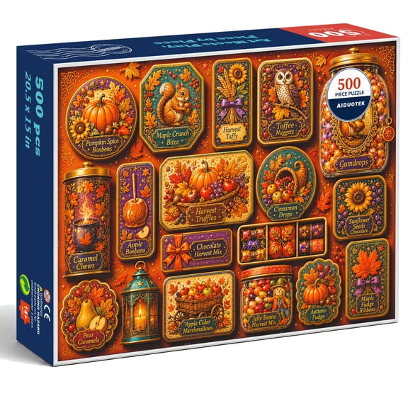 AIDUOTEK Fall Puzzles for Adults 500 Pieces, Pumpkins Sunflowers Candy Jars