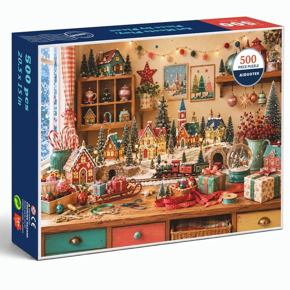 AIDUOTEK Christmas Puzzles for Adults 500 Pieces, Snow Town Train Sleigh