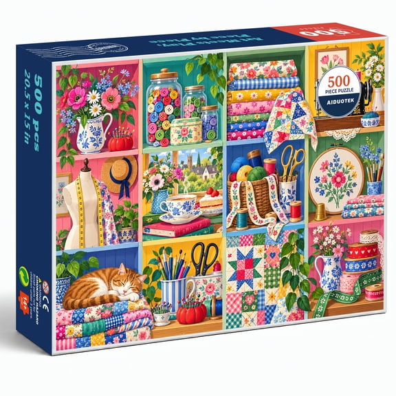 AIDUOTEK Quilt Puzzles for Adults 500 Pieces, Sewing Machine Cat Buttons