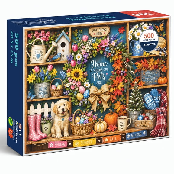 AIDUOTEK Dog Puzzles for Adults 500 Pieces, Puppy Bluebird Wreath Pumpkins