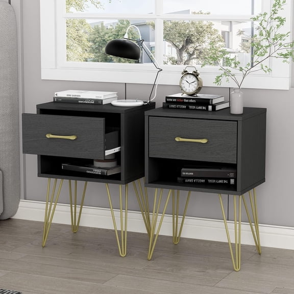 AIEGLE Black Nightstand Set of 2, Wooden End Table Set with Drawer & Shelf, Bed Side Table with Gold Metal Legs for Bedroom Small Space Storage (15.7" W x 11.8" D x 23.6" H)