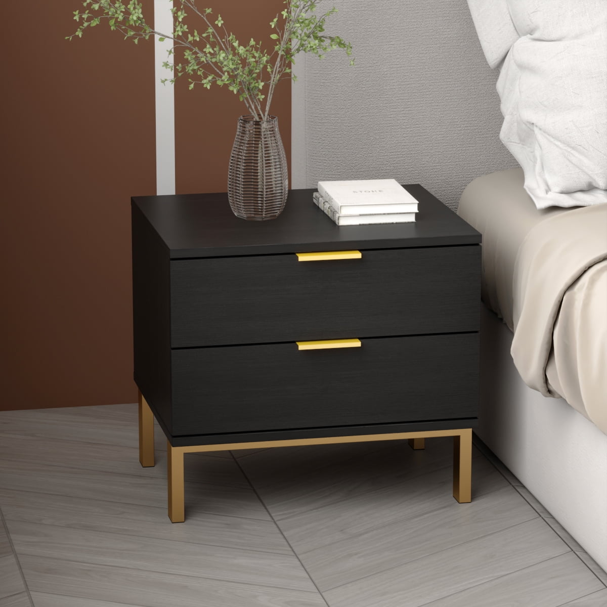 AIEGLE Black Side Table for Bedroom/Living Room with Drawers and Metal ...