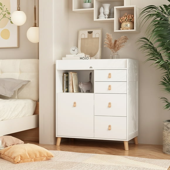 AIEGLE Changing Table with Drawers, White Baby Dresser with 5 Drawer and Open Compartment