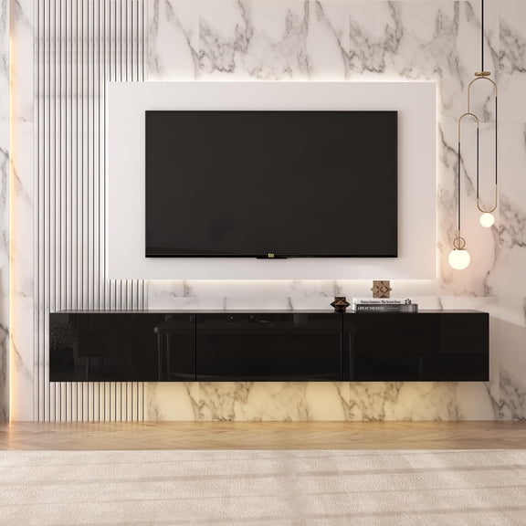 AIEGLE Floating TV Stand Wall Mounted, High Gloss Entertainment Center with 3 Drawers & 16-Color LED Lights, Modern TV Cabinet Console Shelf, Black 63" W