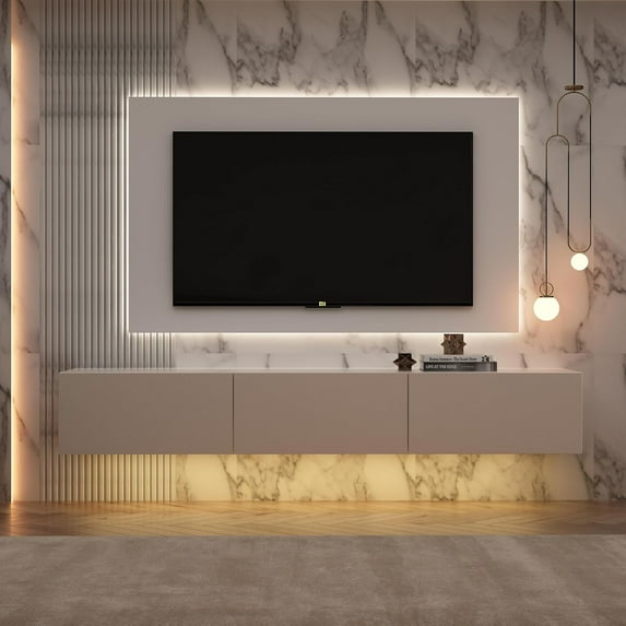 AIEGLE Floating TV Stand Wall Mounted, Non-Glossy Entertainment Center with 3 Drawers & 16-Color LED Lights, Modern TV Cabinet Console Shelf, White 63" W