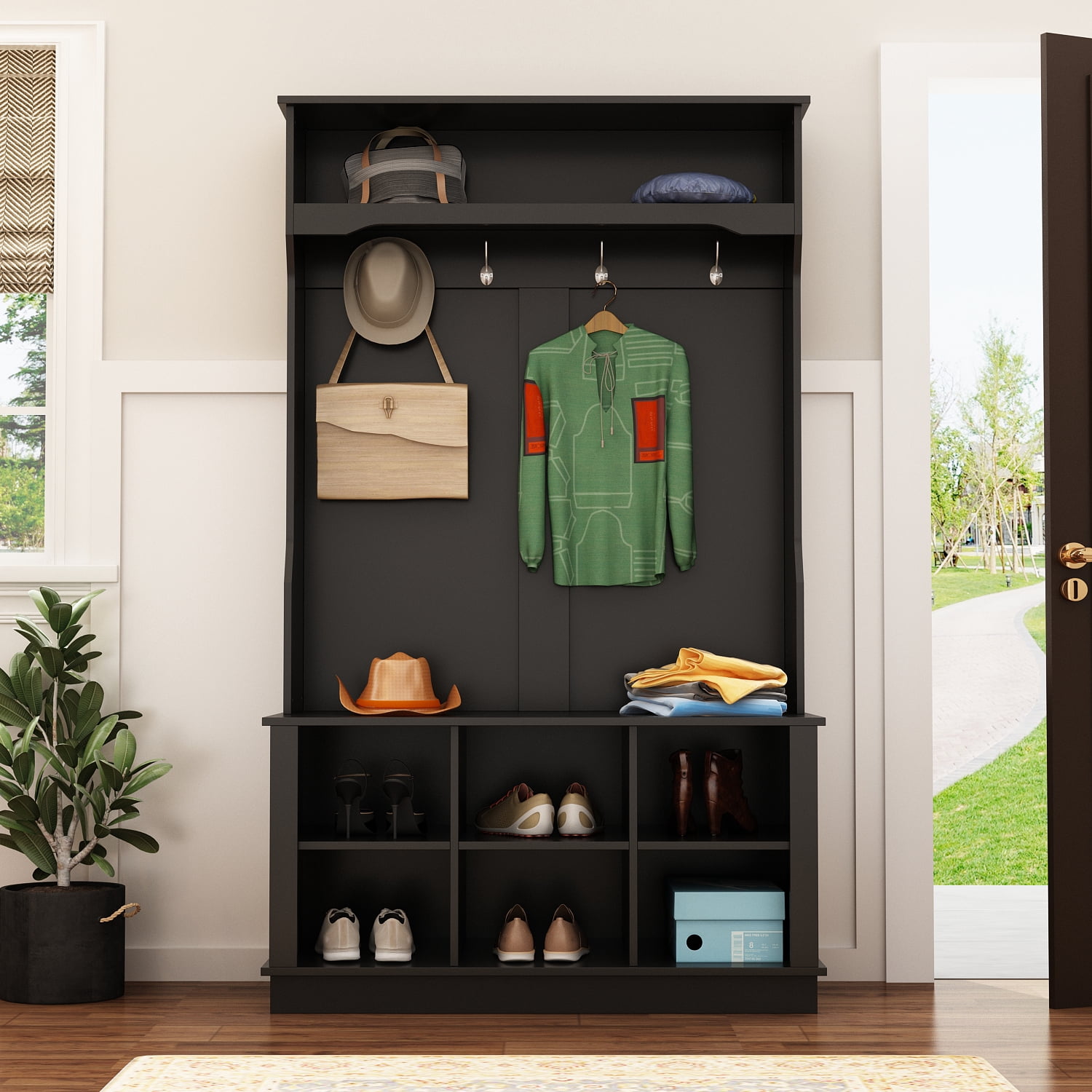 AIEGLE Hall Tree with Storage Bench, Coat Rack with 6 Storage Cube for