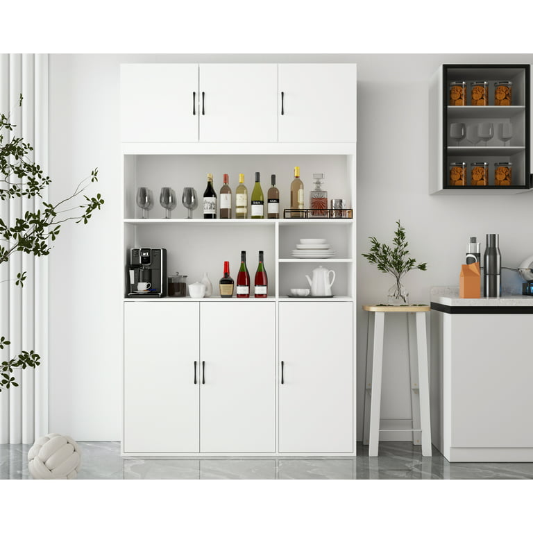 AIEGLE Kitchen Pantry with Hutch, Freestanding Buffet Storage Cabinet with  Large Cabinets, Open Shelves and Wide Countertop, White, 78.74 Tall 