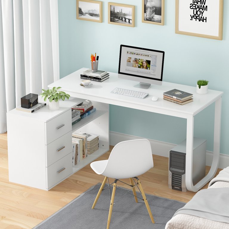 Madesa Modern Office Desk with Drawers 53 inch, Study Desk for Home Office,  PC Table with 3 Drawers, 1 Door and 1 Storage Shelf (White)