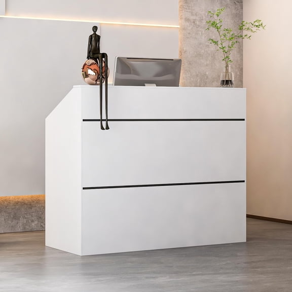 AIEGLE Reception Desk with Counter, Modern Checkout Counter Front Table, 47.2" W White Receptionist Desk with Black Trims, Reception Room Tables for Beauty Salon, Retail, Lobby, Office