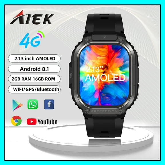 AIEK 4G LTE Smart Watch DM63 2.13" HD Screen AMOLED 2GB RAM 16G ROM With SIM Wifi GPS Camera Android8.1 Sports Watch