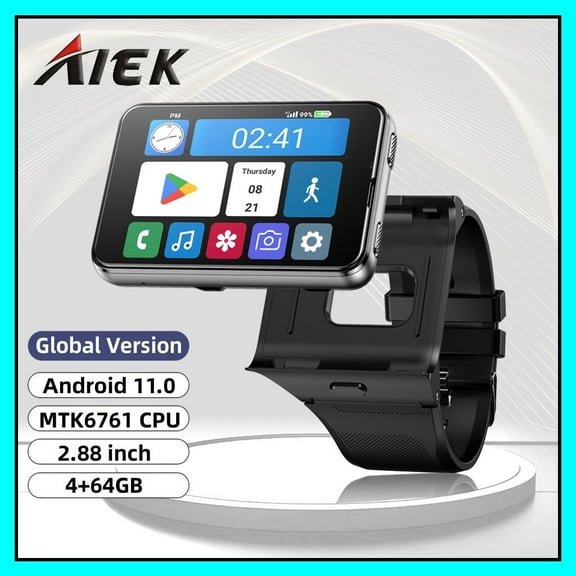 AIEK S999 Plus 4G Smart Watch SMTK6761 Android 11.0 OS 2.88" Screen 2MP/8MP Dual Camera 4GB RAM 64GB ROM 2300mAh BT GPS WiFi Phone Call Men Smartwatch Women Clock