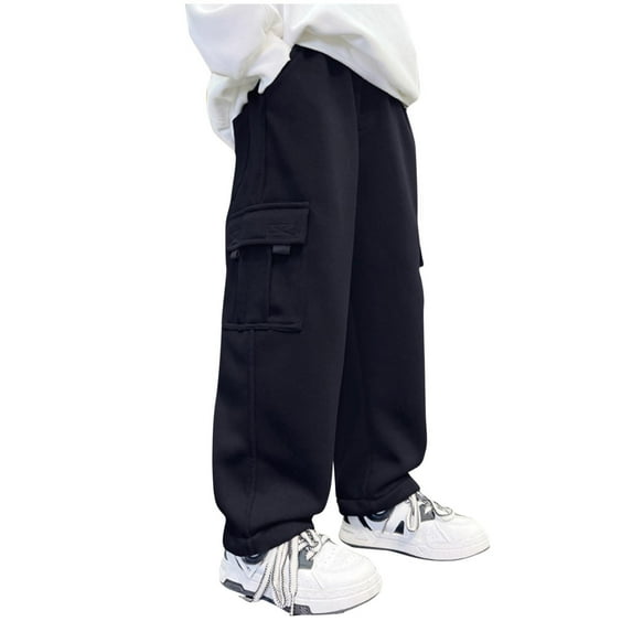 AIEOTT Boy's Cargo Sweatpants Cotton Multi Pockets Straight Leg Pants Casual Elastic Waist School Trousers Jogger Pants, 4-13Years