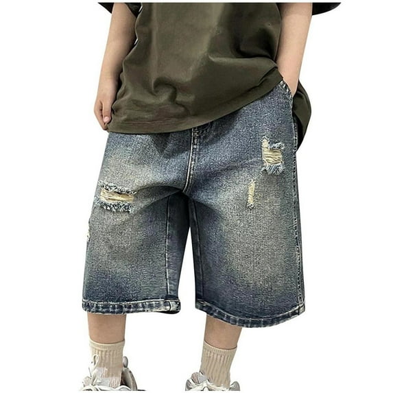 AIEOTT Boy's Jean Shorts Summer Casual Loose Denim Straight Leg Shorts Comfy Elastic Waist Ripped Soft Inside Half Jean Pants