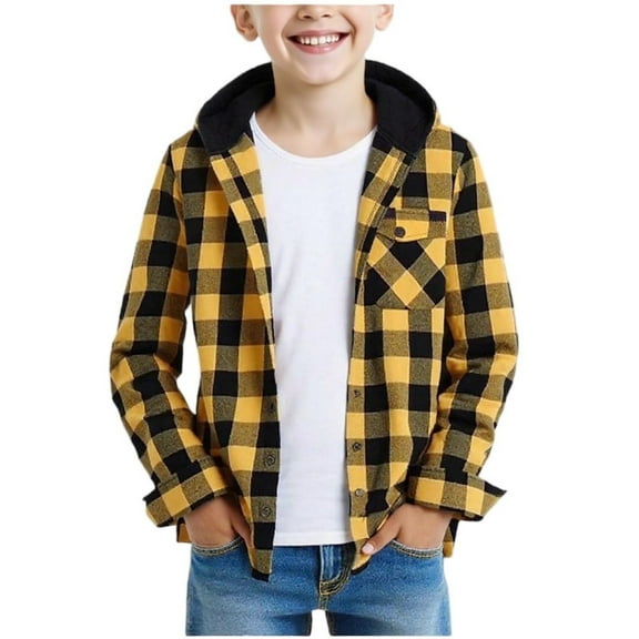 AIEOTT Boys Fall Plaid Button Down Shirt Kids Long Sleeve Flannel Shirt with Hood Lightweight Jackets, for 5-16 Years