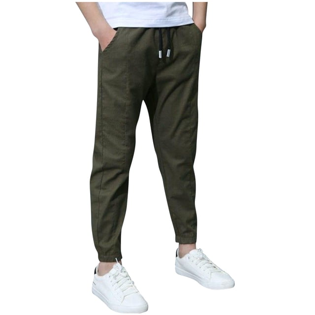 AIEOTT Boys Linen Pants School Uniform Chino Pants Kids Drawstring Elastic Waist Pull on Twill Jogger Pants with Pockets 4-10 Years