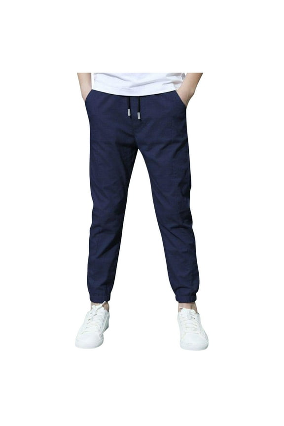 Boys Linen Pants School Uniform Chino Pants Kids Drawstring Elastic Waist Pull on Twill Jogger Pants with Pockets 4-10 Years