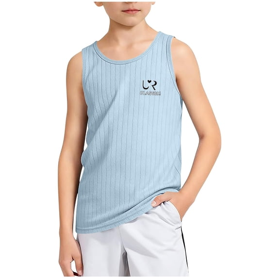 AIEOTT Boys' Ribbed Stripe Tank Top, Crew Neck Sleeveless Base Layer with Logo for Summer Casual & Sports Wear, for 3-13 Years