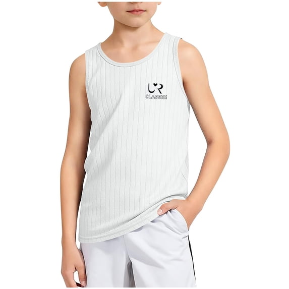 AIEOTT Boys' Ribbed Stripe Tank Top, Crew Neck Sleeveless Base Layer with Logo for Summer Casual & Sports Wear, for 3-13 Years
