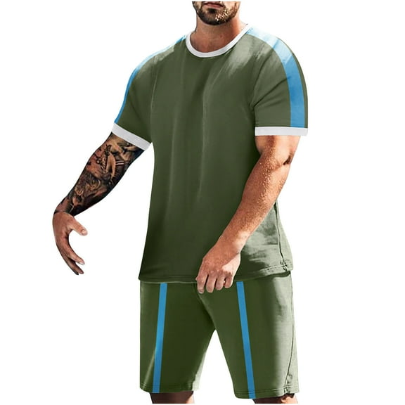 AIEOTT Color Block 2 Piece Set Men Short Sleeve Shirts and Shorts Set Summer Track Suits Big and Tall Track Suits with Pockets