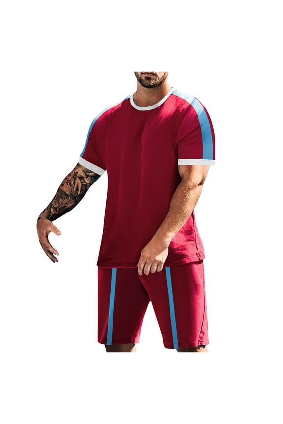 Color Block 2 Piece Set Men Short Sleeve Shirts and Shorts Set Summer Track Suits Big and Tall Track Suits with Pockets