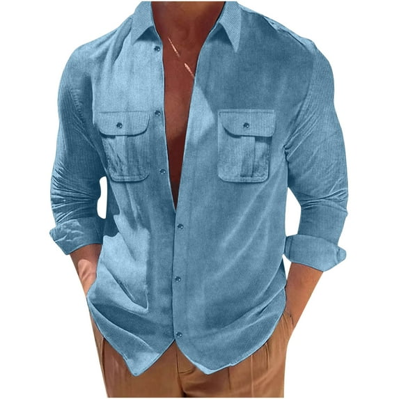AIEOTT Corduroy Shirts for Men Long Sleeve Button Down Shirts Big and Tall Casual Shirts with Pockets Solid Color Loose Fit Shirts