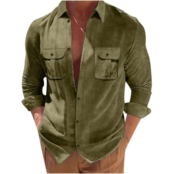 AIEOTT Corduroy Shirts for Men Long Sleeve Button Down Shirts Big and Tall Casual Shirts with Pockets Solid Color Loose Fit Shirts