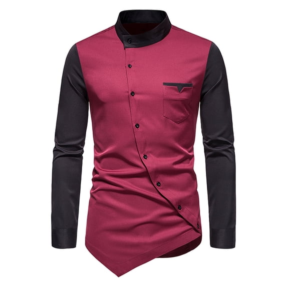 AIEOTT Gothic T Shirts for Men Vintage Button Down Shirts Long Sleeve Color Block Shirts Slim Fit Patchwork Shirts Irregular Hem Top