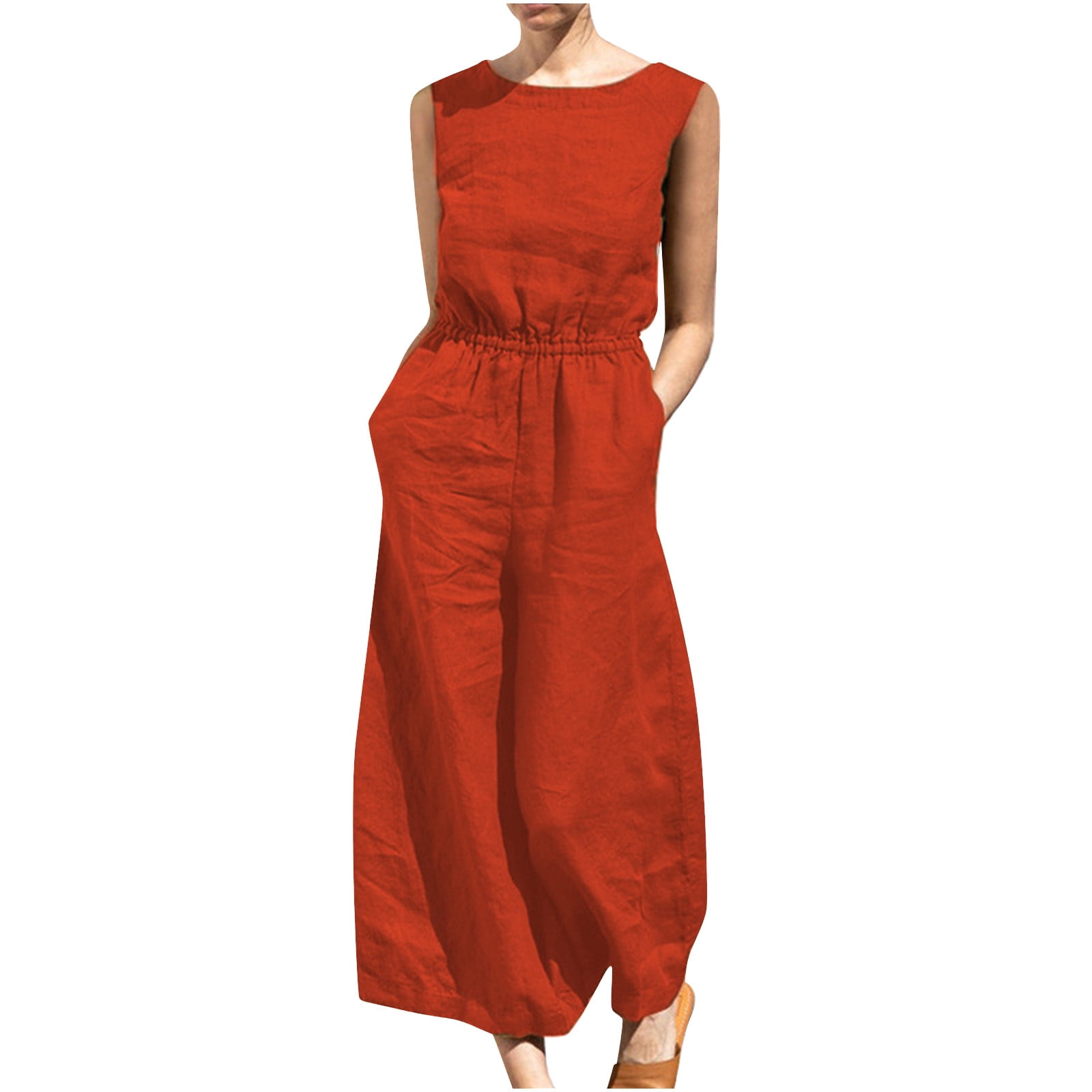 Plus Size Women Summer Retro Pure Color Linen Loose Jumpsuits