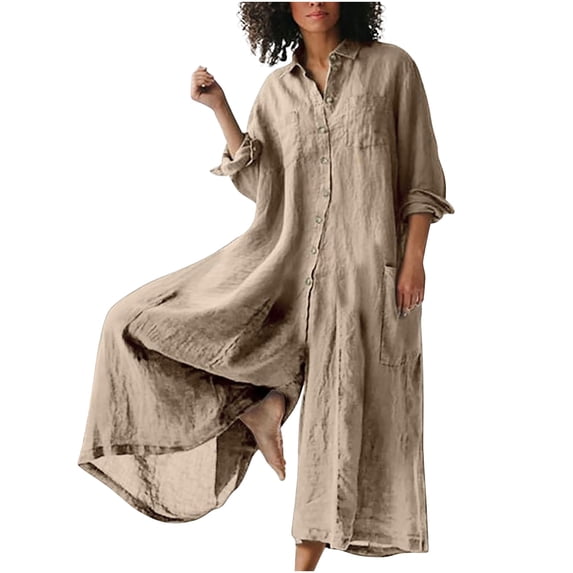 AIEOTT Linen Jumpsuits for Women Summer Casual Button Down Jumpsuit Short Sleeve Wide Leg Jumpsuit Baggy Jumpsuit with Pockets