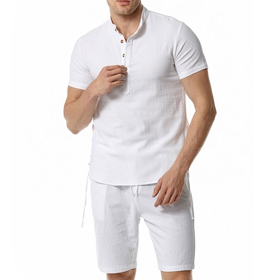 AIEOTT Mens Cotton Linen 2 Piece Outfits Beach Vacation Outfits Summer Shorts Sets Lightweight Lounge Sets Elastic Waist Shorts Set