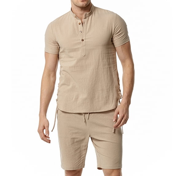 AIEOTT Mens Cotton Linen 2 Piece Outfits Beach Vacation Outfits Summer Shorts Sets Lightweight Lounge Sets Elastic Waist Shorts Set